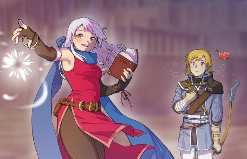 1boy 1girl absurdres armpits arrow_(projectile) bare_shoulders belt black_gloves black_leggings blonde_hair blue_eyes blue_scarf blurry blurry_background blush book bow_(weapon) bracelet commission dress elbow_gloves estherart0 fingerless_gloves fire_emblem fire_emblem:_radiant_dawn gloves grey_hair hair_ribbon half_updo heart highres holding holding_book holding_bow_(weapon) holding_weapon jewelry leggings leonardo_(fire_emblem) long_hair long_sleeves micaiah_(fire_emblem) nintendo open_mouth outstretched_arm ribbon scarf side_slit sleeveless sleeveless_dress smile weapon yellow_eyes