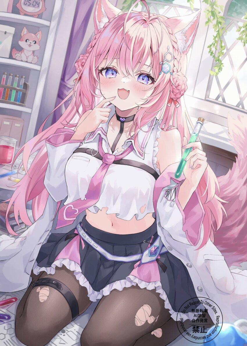 1girl :3 animal_ears antenna_hair aoha_(aohasora) belt black_choker black_skirt blush braid braided_bun breasts brown_pantyhose choker coat collarbone commentary crop_top crown_braid double_bun fang fingernails hair_between_eyes hair_bun hair_ornament hakui_koyori hakui_koyori_(1st_costume) hashtag-only_commentary heart heart_choker highres holding holding_test_tube hololive indoors kokoro_(hakui_koyori) lab_coat large_breasts long_hair long_sleeves looking_at_viewer midriff nail_polish navel necktie open_clothes open_coat open_mouth pantyhose papers pink_hair pink_nails pink_necktie pink_skirt pleated_skirt purple_eyes shirt skirt smile solo stomach tail test_tube thigh_strap thighs torn_clothes torn_pantyhose virtual_youtuber white_belt white_coat white_shirt wolf_ears wolf_girl wolf_tail
