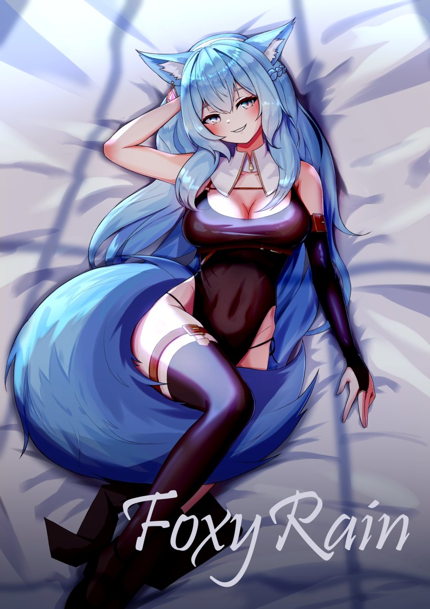 1girl absurdres animal_ears arm_up artist_name bare_shoulders bed_sheet black_dress black_thighhighs blue_eyes blue_hair borrowed_character braid breasts bridal_gauntlets cleavage covered_navel detached_collar dress fox_ears fox_girl fox_tail grin highleg highres large_breasts large_tail long_hair looking_at_viewer lying on_back original panties pelvic_curtain side-tie_panties side-tie_peek single_bridal_gauntlet sister_reine_(foxyreine) sleeveless sleeveless_dress smile solo string_panties tail thigh_strap thighhighs thighs underwear unyuru very_long_hair