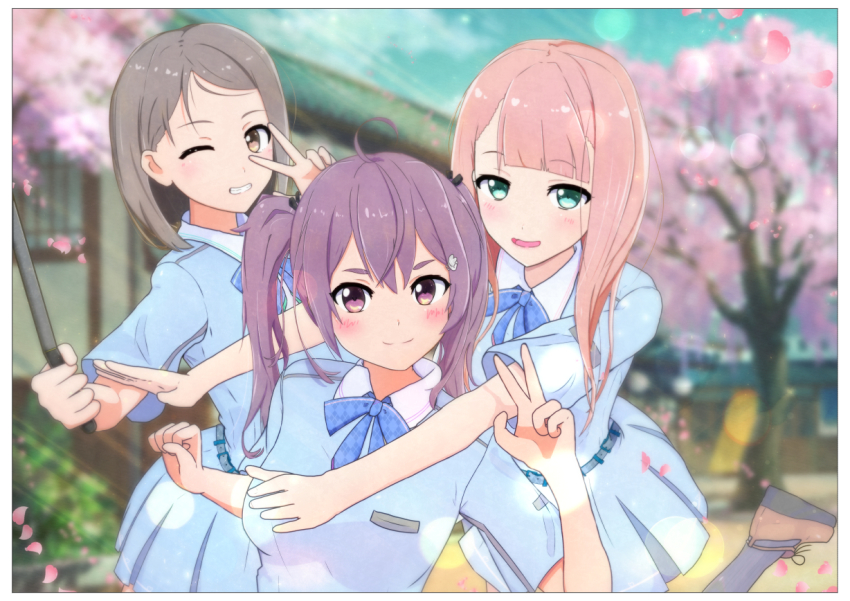 22/7 3girls boku_wa_sonzai_shiteinakatta bow brown_eyes brown_hair cherry_blossoms furoggu-gaburi hair_ornament hiiragi_tsubomi kamiki_mikami long_hair looking_at_viewer multiple_girls pink_hair purple_eyes purple_hair school_uniform shirt short_hair skirt smile tojo_yuki twintails
