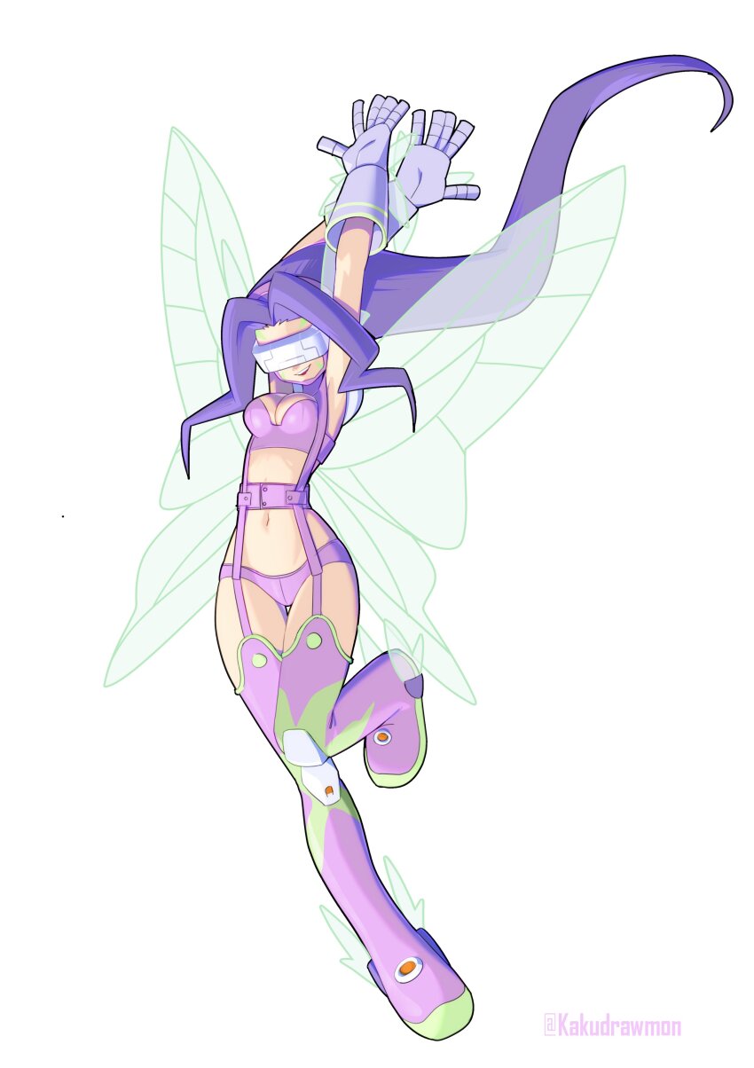 1girl absurdres arms_up bikini boots breasts cleavage covered_eyes digimon digimon_(creature) digimon_frontier fairimon fairy_wings full_body green_wings head-mounted_display highres kakudrawmon long_hair medium_breasts purple_bikini purple_boots purple_hair simple_background solo swimsuit thigh_boots transparent_wings white_background wings