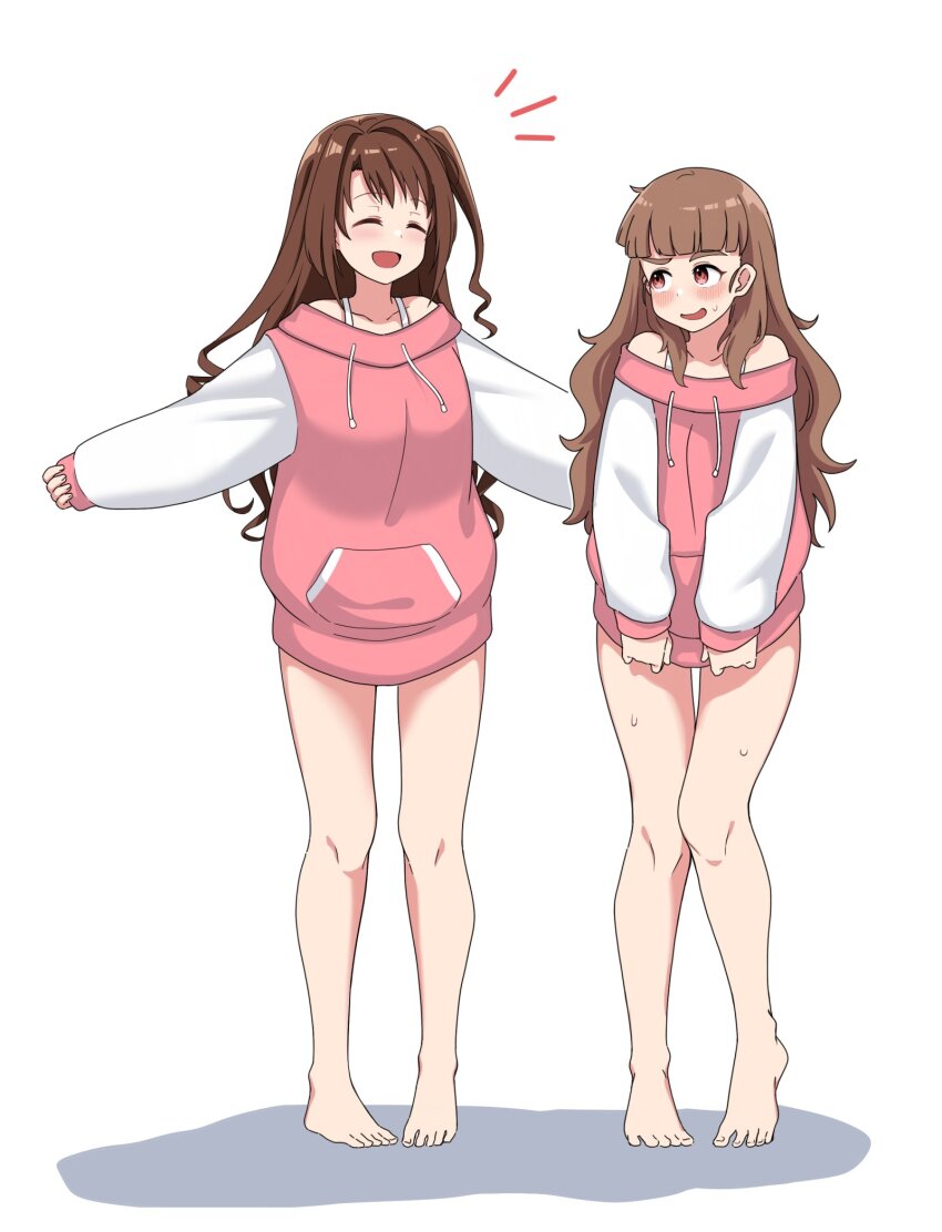2girls barefoot blush bra_strap brown_hair closed_eyes clothes_tug commentary_request highres idolmaster idolmaster_cinderella_girls idolmaster_cinderella_girls_starlight_stage kamiya_nao long_hair multiple_girls no_pants off-shoulder_sweater off_shoulder one_side_up open_mouth pink_eyes raised_eyebrow shimamura_uzuki sleeves_past_wrists smile sweat sweater sweater_tug two-tone_sweater xion_(pulilulu)