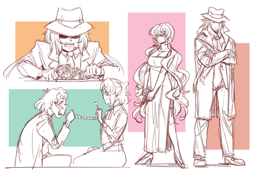 3girls arsene_lupin_iii arsene_lupin_iii_(cosplay) breasts castle_of_cagliostro cleavage coat cosplay crossed_arms food food_on_face grin gun gutalalaman handgun hat high_heels highres ishikawa_goemon_xiii ishikawa_goemon_xiii_(cosplay) jigen_daisuke jigen_daisuke_(cosplay) kazanari_genjuurou kohinata_miku large_breasts lupin_iii maria_cadenzavna_eve mine_fujiko mine_fujiko_(cosplay) multiple_girls necktie pants pasta pistol senki_zesshou_symphogear sketch smile spaghetti tachibana_hibiki_(symphogear) trench_coat weapon yukine_chris zenigata_kouichi zenigata_kouichi_(cosplay)