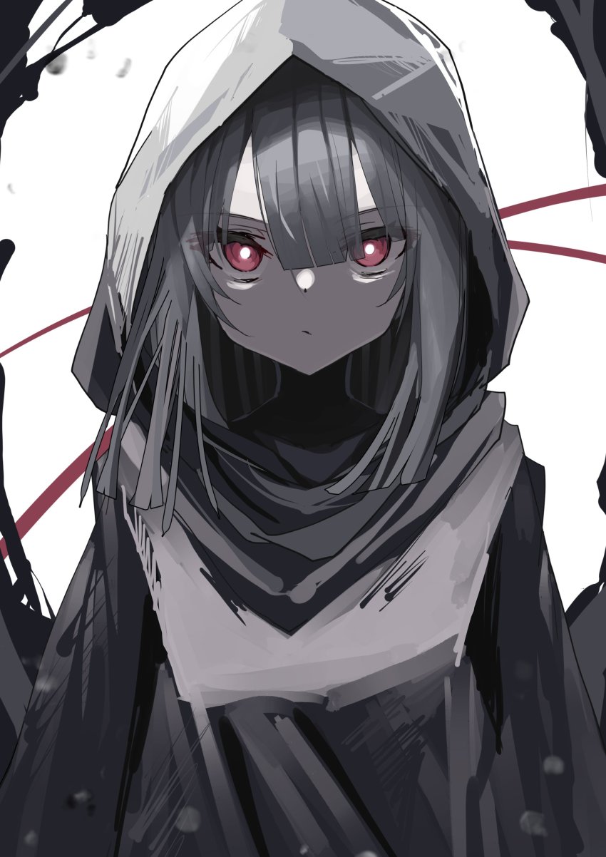 1girl absurdres black_hair closed_mouth commentary_request expressionless girls&#039;_frontline hair_between_eyes highres hood isomer_(girls&#039;_frontline) jacket kamiya_mitobe long_hair looking_at_viewer nyto_(girls&#039;_frontline) paradeus red_eyes solo upper_body