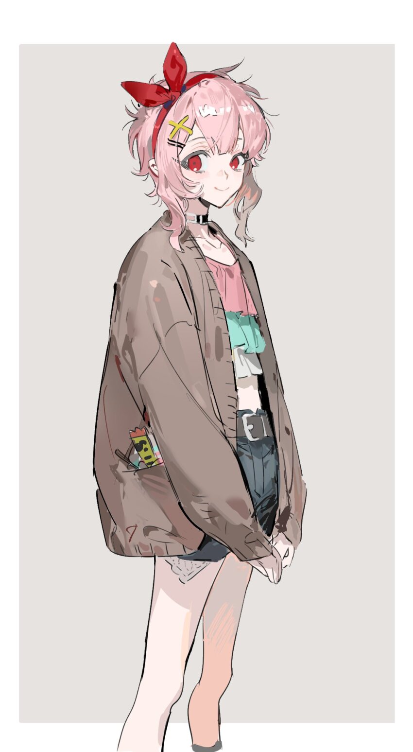 1girl belt_buckle bow buckle choker cropped_legs denim denim_shorts feet_out_of_frame hair_bow hair_ornament hairband hairclip highres jacket long_sleeves looking_at_viewer midriff navel open_clothes original own_hands_together pink_hair qyzhiaiyisheng red_bow red_eyes shirt short_hair shorts simple_background smile solo standing