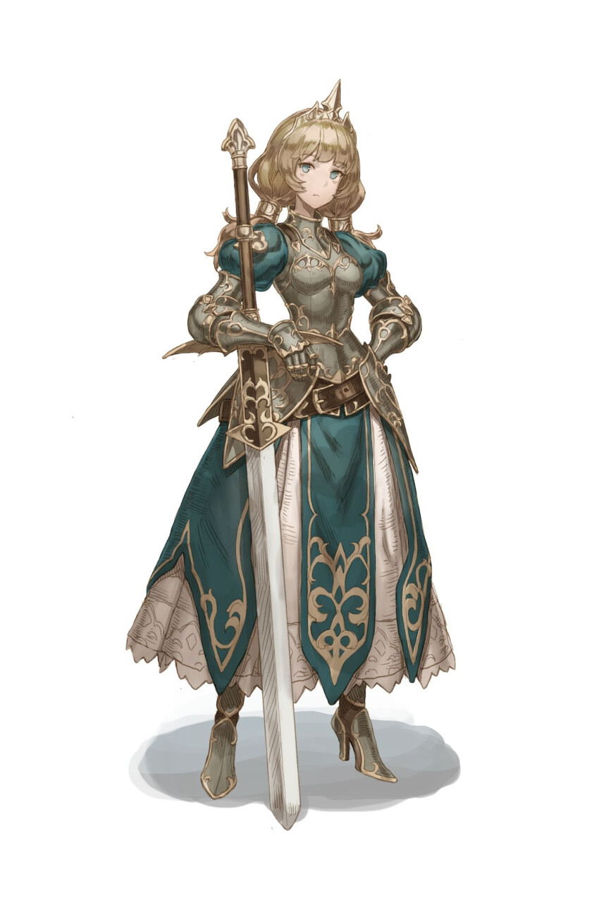 1girl aqua_eyes aqua_shirt aqua_skirt armor armored_boots belt boobplate boots breastplate brown_hair closed_mouth commentary couter crown cuirass english_commentary faulds full_armor full_body gauntlets gold_crown gold_trim grey_armor hand_on_own_hip high_heel_boots high_heels highres holding holding_sword holding_weapon juliet_sleeves long_hair long_sleeves looking_at_viewer metal_hair_tubes nrcgray original ornate_armor ornate_weapon plate_armor puffy_sleeves rerebrace shirt simple_background skirt solo standing sword twintails two-handed_sword vambraces weapon white_background white_skirt