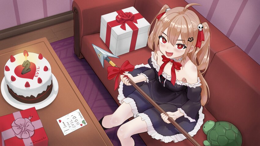 1girl absurdres ahoge black_dress black_socks broken_heart broken_heart_hair_ornament brown_hair cake coach commentary dress english_commentary evil_neuro-sama fang feet_out_of_frame food frilled_dress frills from_above gift hair_between_eyes hair_ornament hair_ribbon harpoon highres holding_harpoon indie_virtual_youtuber indoors long_hair long_sleeves looking_at_viewer neuro-sama open_mouth red_eyes red_ribbon ribbon sitting skull_hair_ornament socks solo sparkling_eyes table turtle two_side_up vedal987 virtual_youtuber zayberk