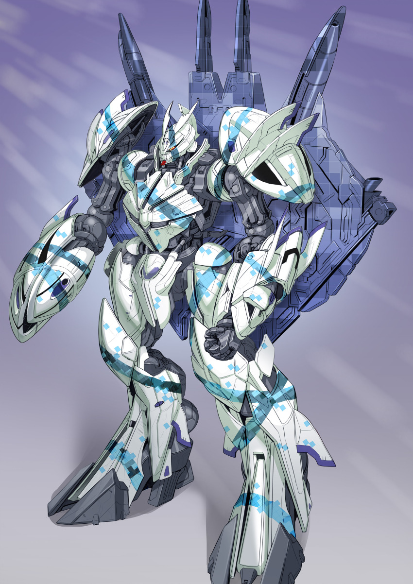 absurdres camouflage commentary_request concept_art digital_camouflage gundam highres machinery maeda_hiroyuki mecha mobile_suit no_humans original redesign robot science_fiction solo standing syd_mead_(style) turn_a_gundam turn_x yellow_eyes