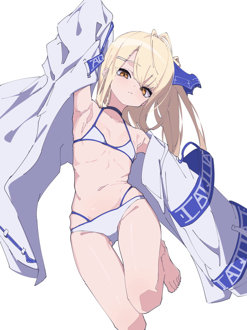 1girl :/ absurdres antenna_hair arm_up armpits barefoot bikini blonde_hair borrowed_character breasts closed_mouth commentary_request cowboy_shot expressionless hair_ornament hairclip highres jacket looking_at_viewer multi-strapped_bikini_bottom myakuro open_clothes open_jacket orange_eyes original simple_background small_breasts solo standing standing_on_one_leg stomach swimsuit white_background white_bikini white_jacket