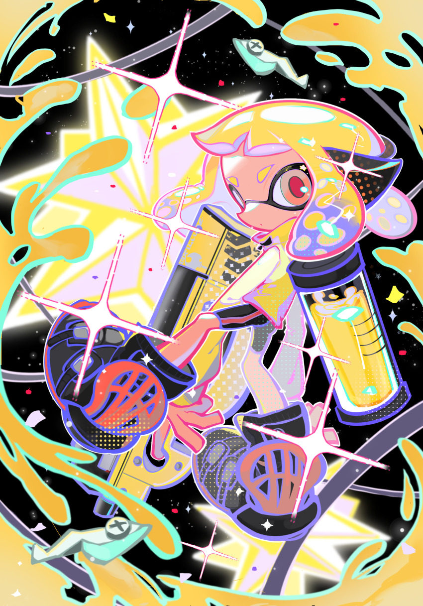 1girl agent_4_(splatoon) bike_shorts black_shoes black_shorts blonde_hair blue_hair closed_mouth dot_mouth gradient_hair headphones hero_shot_(splatoon_2) highres holding holding_weapon ink_tank_(splatoon) inkling inkling_girl inkling_player_character jacket medium_hair multicolored_hair nintendo pink_eyes shoes shorts solo splatoon_(series) splatoon_2 tentacle_hair two-tone_hair weapon xiaoyunatie yellow_jacket