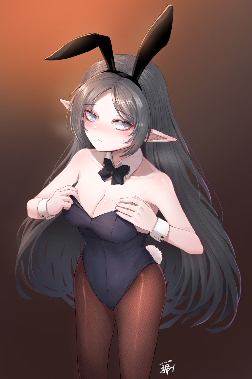 1girl absurdres adele_(maplestory) animal_ears black_bow black_bowtie black_hair black_leotard black_pantyhose bow bowtie breasts brown_background character_name cleavage commentary_request cowboy_shot detached_collar fake_animal_ears gradient_background grey_eyes highres kokukyukeo korean_commentary large_breasts leotard looking_at_viewer maplestory pantyhose playboy_bunny pointy_ears rabbit_ears rabbit_tail solo standing tail wrist_cuffs