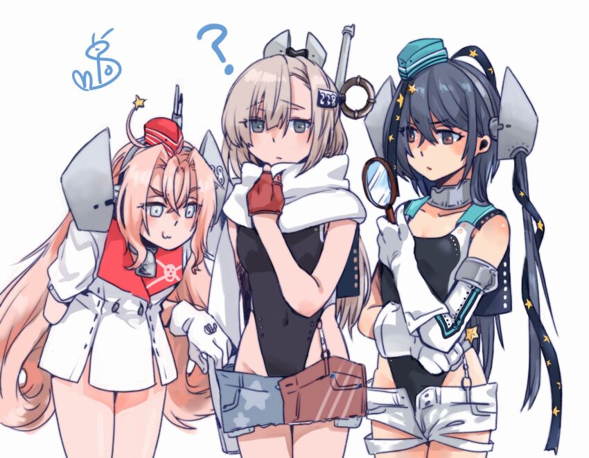 3girls ? aqua_hat black_hair black_one-piece_swimsuit blonde_hair coat competition_swimsuit covered_navel denim denim_skirt drum_(kancolle) elbow_gloves female_pervert fingerless_gloves garrison_cap gloves grey_eyes grey_hair hair_ornament hat headphones highleg highleg_one-piece_swimsuit highres holding holding_magnifying_glass kantai_collection long_hair magnifying_glass miniskirt multiple_girls oeoeuhoho one-piece_swimsuit pervert red_gloves red_hat scamp_(kancolle) scarf short_shorts shorts side_ponytail skirt star_(symbol) star_hair_ornament swimsuit wahoo_(kancolle) white_coat white_gloves white_scarf white_shorts