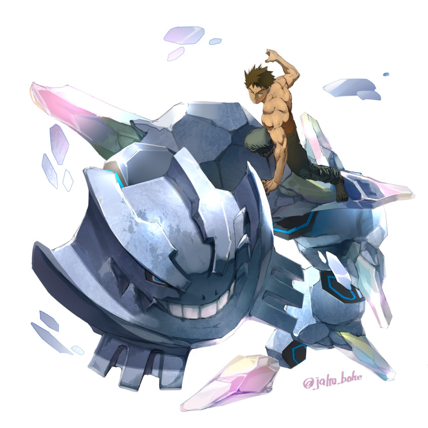 1boy barefoot biceps brock_(pokemon) brown_hair closed_eyes closed_mouth commentary_request dark-skinned_male dark_skin gen_2_pokemon green_pants highres jako_(boke_poke) looking_to_the_side male_focus mega_pokemon mega_steelix muscular muscular_male nintendo pants pokemon pokemon_(anime) pokemon_(creature) pokemon_sm043 pokemon_sm_(anime) riding riding_pokemon short_hair steelix topless_male twitter_username watermark white_background