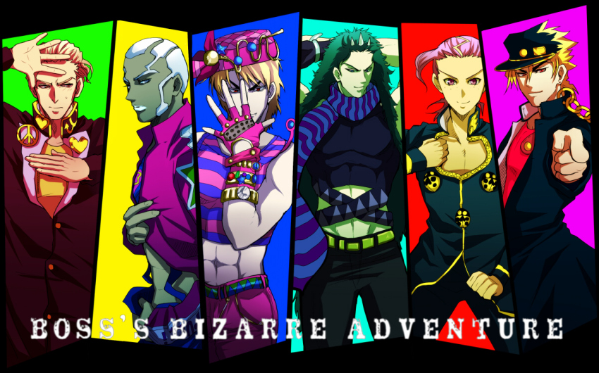6+boys abs arms_up belt blonde_hair blue_eyes brown_eyes column_lineup cosplay covering_face covering_privates dark-skinned_male dark_skin dio_brando enrico_pucci fingerless_gloves giorno_giovanna giorno_giovanna&#039;s_pose_(jojo) giorno_giovanna_(cosplay) gloves green_hair hat higashikata_josuke higashikata_jousuke_(cosplay) honchu horns jojo_no_kimyou_na_bouken jojo_pose jonathan_joestar jonathan_joestar&#039;s_pose_(jojo) jonathan_joestar_(cosplay) joseph_joestar joseph_joestar_(cosplay) joseph_joestar_(young) joseph_joestar_(young)_(cosplay) kars_(jojo) kira_yoshikage kujo_jolyne_(cosplay) kuujou_jolyne kuujou_jolyne_(cosplay) kuujou_joutarou kuujou_joutarou_(cosplay) long_hair looking_at_viewer male_focus midriff multiple_boys pectorals pelvic_curtain pink_eyes pink_hair pointing red_eyes scarf short_hair striped_clothes striped_scarf sweatdrop vento_aureo very_short_hair vinegar_doppio white_hair