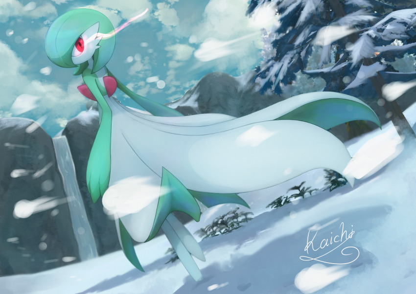 1girl absurdres alpha_pokemon arms_at_sides artist_name blue_sky bob_cut bush cloud colored_skin day dutch_angle female_focus footprints from_behind gardevoir gen_3_pokemon glowing glowing_eyes green_hair green_skin hair_over_one_eye highres kaichi_(tomiyu25) leg_up light_trail looking_back mountain multicolored_skin nintendo no_feet one_eye_covered outdoors pine_tree pokemon pokemon_(creature) pokemon_legends:_arceus red_eyes short_hair signature sky snow snowing solo standing standing_on_one_leg tree two-tone_skin walking water waterfall white_skin