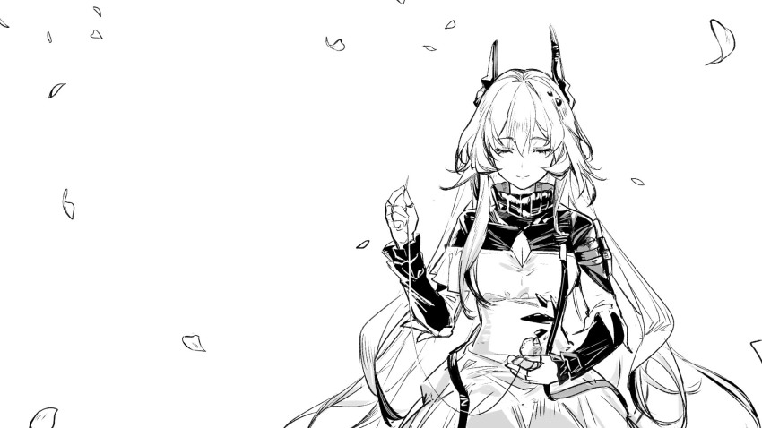 1girl arknights breasts chinese_commentary cleavage cleavage_cutout closed_eyes closed_mouth clothing_cutout commentary_request cowboy_shot dress facing_viewer falling_leaves greyscale hair_between_eyes hand_up highres holding horns jewelry leaf long_hair long_sleeves monochrome needle ring sewing sewing_needle simple_background sitting smile solo split_mouth ta_ta_penny theresa_(arknights) thread white_background