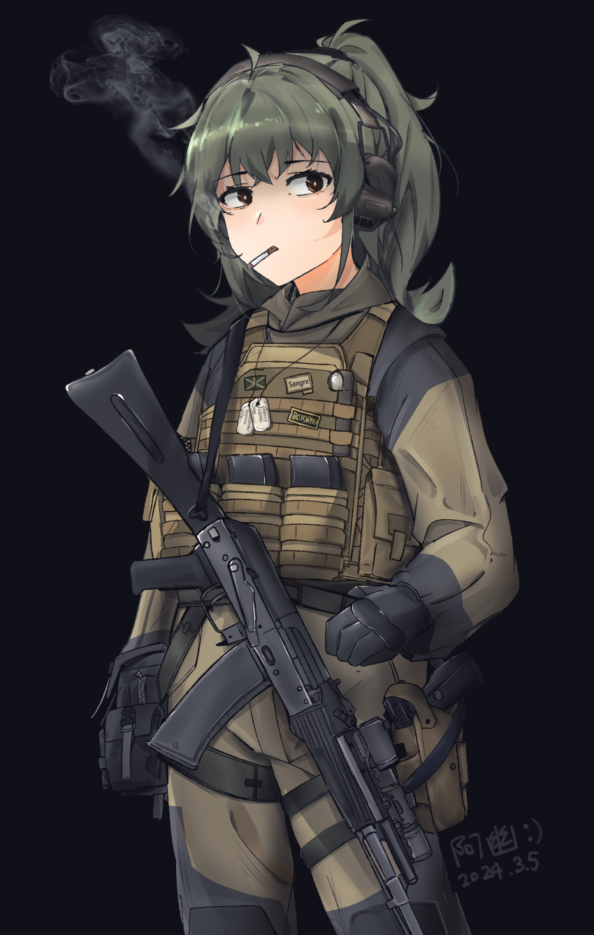 1girl absurdres ak-74m ammunition_pouch assault_rifle black_background brown_hair cigarette gun gun_sling handgun highres iubworks kalashnikov_rifle looking_at_viewer magazine_(weapon) military_combat_uniform military_uniform mp-443_grach original ponytail pouch rifle scope smoking solo tactical_clothes weapon