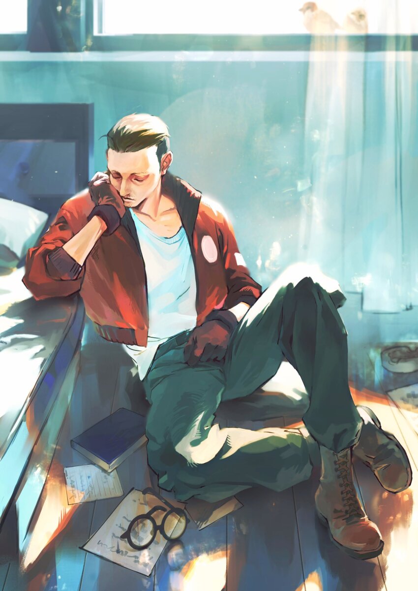 1boy animal bed bird black-framed_eyewear black_hair blue_pants bomber_jacket boots cigarette_holder closed_eyes closed_mouth collarbone collared_jacket commentary crew_neck denim disco_elysium elbow_rest english_commentary figure_four_sitting glasses hair_slicked_back head_rest highres jacket jeans kim_kitsuragi light_rays male_focus nandesu03 no_eyewear pants paper pillow shirt short_hair sideburns sitting solo sunbeam sunlight t-shirt unworn_eyewear white_shirt window