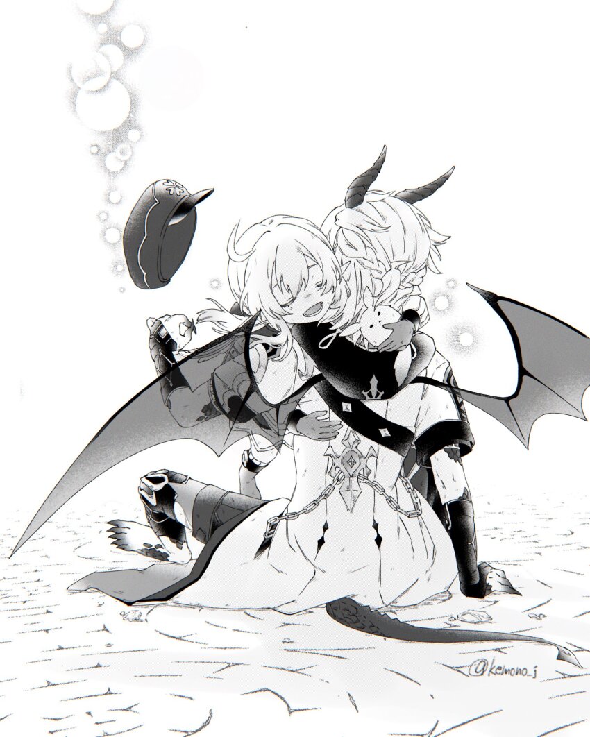 1boy 1girl albedo_(genshin_impact) artist_name barefoot braid claws closed_eyes coat dodoco_(genshin_impact) dragon_horns dragon_tail dragon_wings genshin_impact greyscale half_up_half_down_braid hat highres horns hug kemono_j klee_(genshin_impact) low_twintails medium_hair monochrome open_mouth pointy_ears scales short_sleeves simple_background tail twintails twitter_username unworn_hat unworn_headwear wings