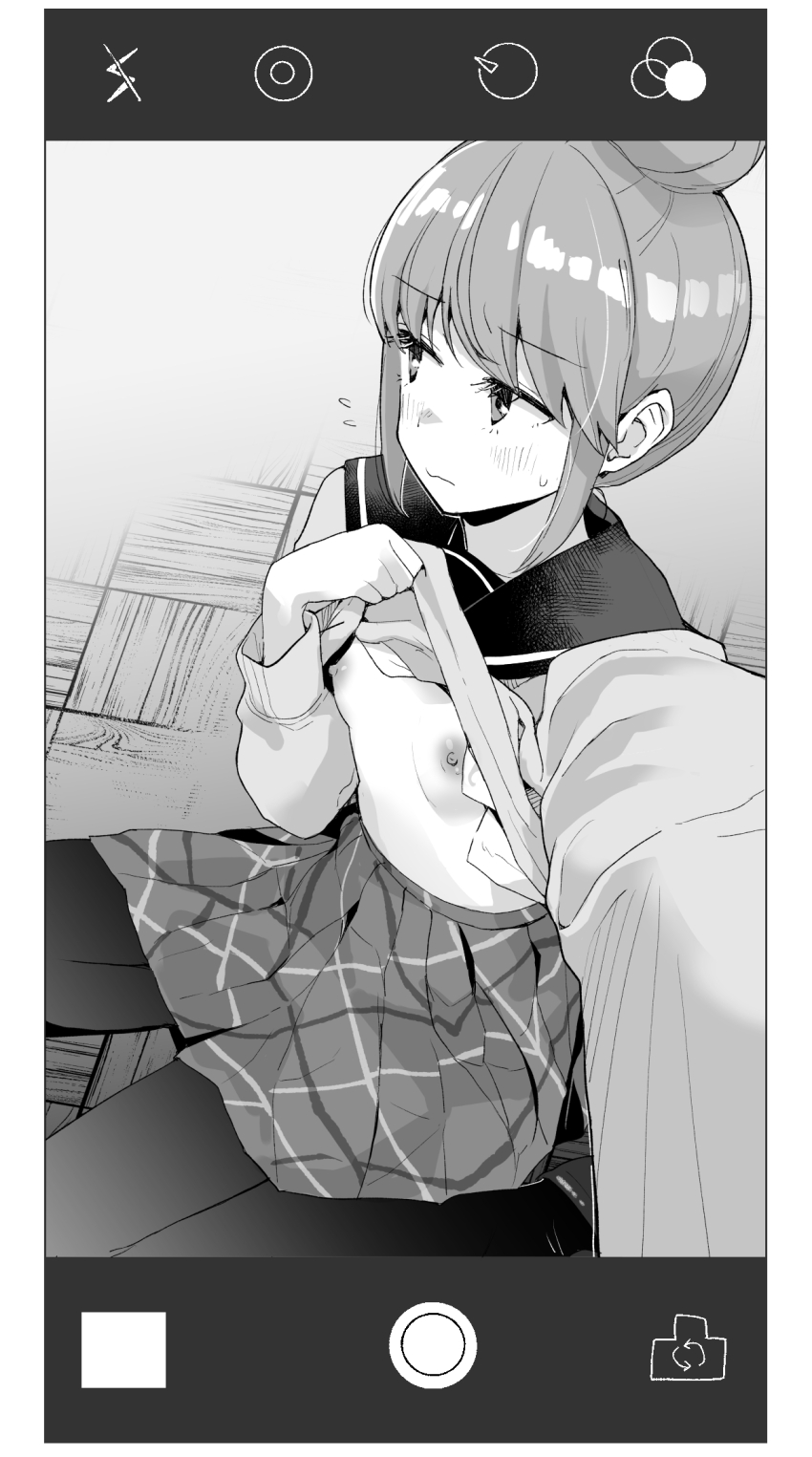 1girl black_pantyhose blush breasts camera_phone cardigan cardigan_lift fake_phone_screenshot fake_screenshot flashing flying_sweatdrops greyscale hair_bun highres long_sleeves looking_to_the_side makio_(makiomeigenbot) monochrome nipples pantyhose picture_frame pleated_skirt sailor_collar selfie shima_rin sidelocks sitting skirt small_breasts sweatdrop yurucamp
