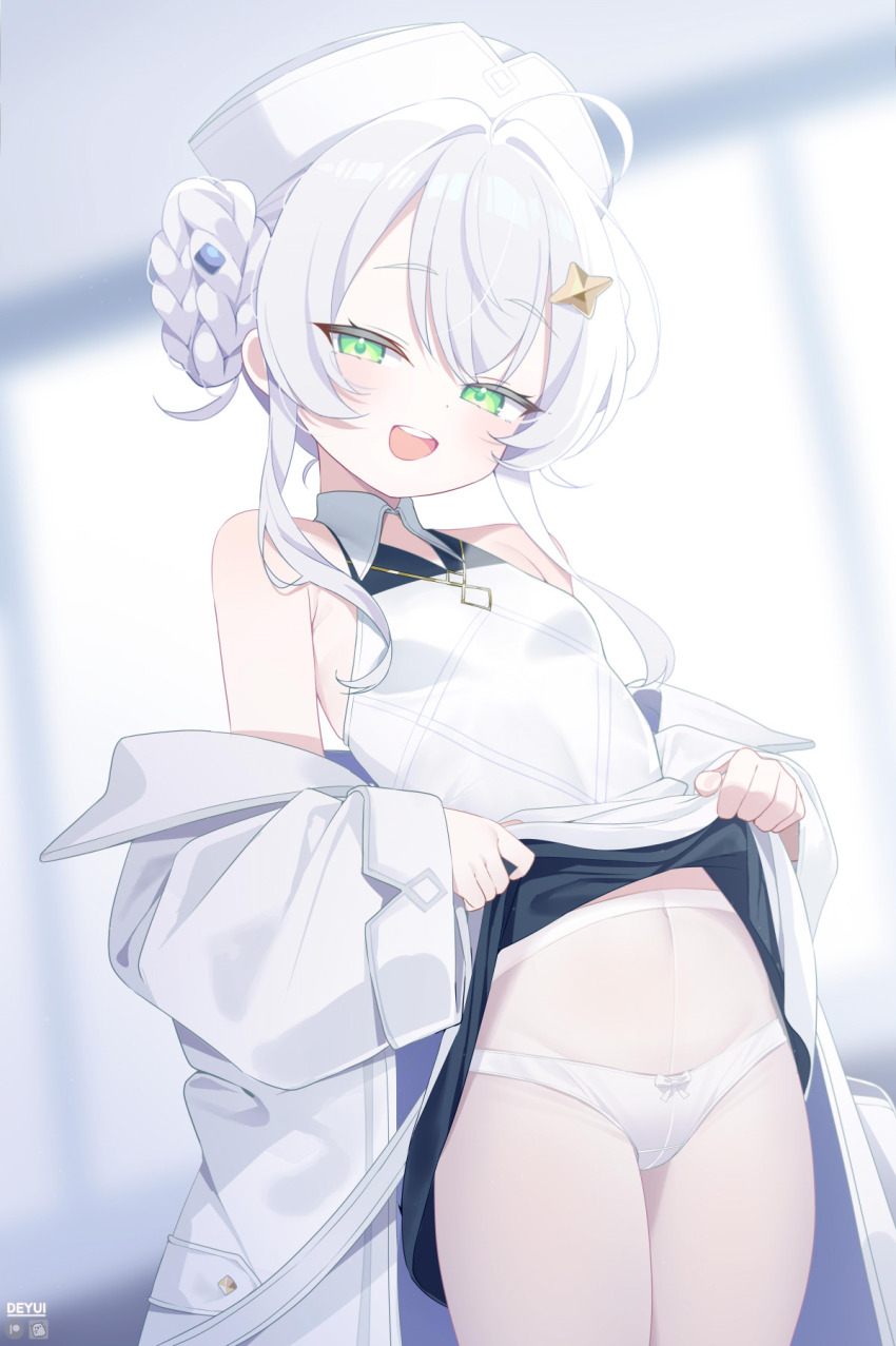 1girl :d ahoge bastelina_(stella_sora) blurry blurry_background braid braided_bun breasts clothes_lift coat collared_dress colored_eyelashes commentary crossed_bangs deyui double-parted_bangs double_bun dress dress_lift green_eyes hair_between_eyes hair_bun hair_ornament hairclip halter_dress halterneck hat highres indoors jewelry long_sidelocks looking_at_viewer navel necklace off_shoulder open_mouth paid_reward_available panties pantyhose short_hair_with_long_locks sidelocks sleeveless sleeveless_dress small_breasts smile solo standing stella_sora teeth underwear upper_teeth_only white_coat white_dress white_eyelashes white_hair white_hat white_panties white_pantyhose