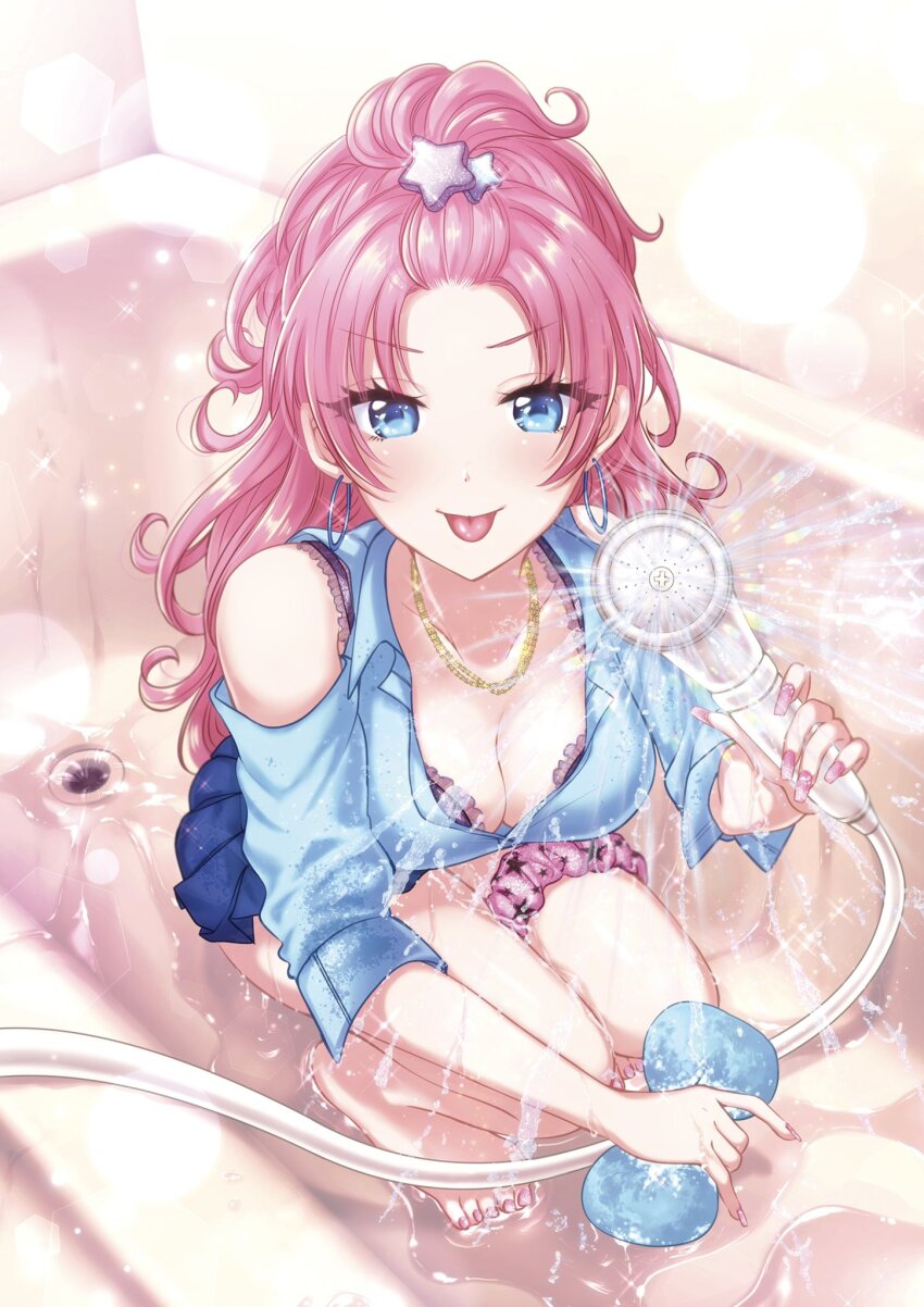 1girl :p bare_shoulders bathroom bathtub blue_eyes blue_shirt blue_skirt bra bra_peek cleaning clothing_cutout collared_shirt commentary_request earrings full_body fuufu_ijou_koibito_miman. gyaru hair_ornament highres holding holding_shower_head holding_sponge hoop_earrings indoors jewelry kanamaru_yuuki lace lace-trimmed_bra lace_trim light_blush long_hair looking_at_viewer partially_unbuttoned pink_hair pink_nails pink_scrunchie pleated_skirt purple_bra school_uniform scrunchie shirt shoulder_cutout shower_head skirt solo sponge squatting star_(symbol) star_hair_ornament thigh_scrunchie tongue tongue_out underwear watanabe_akari water wet
