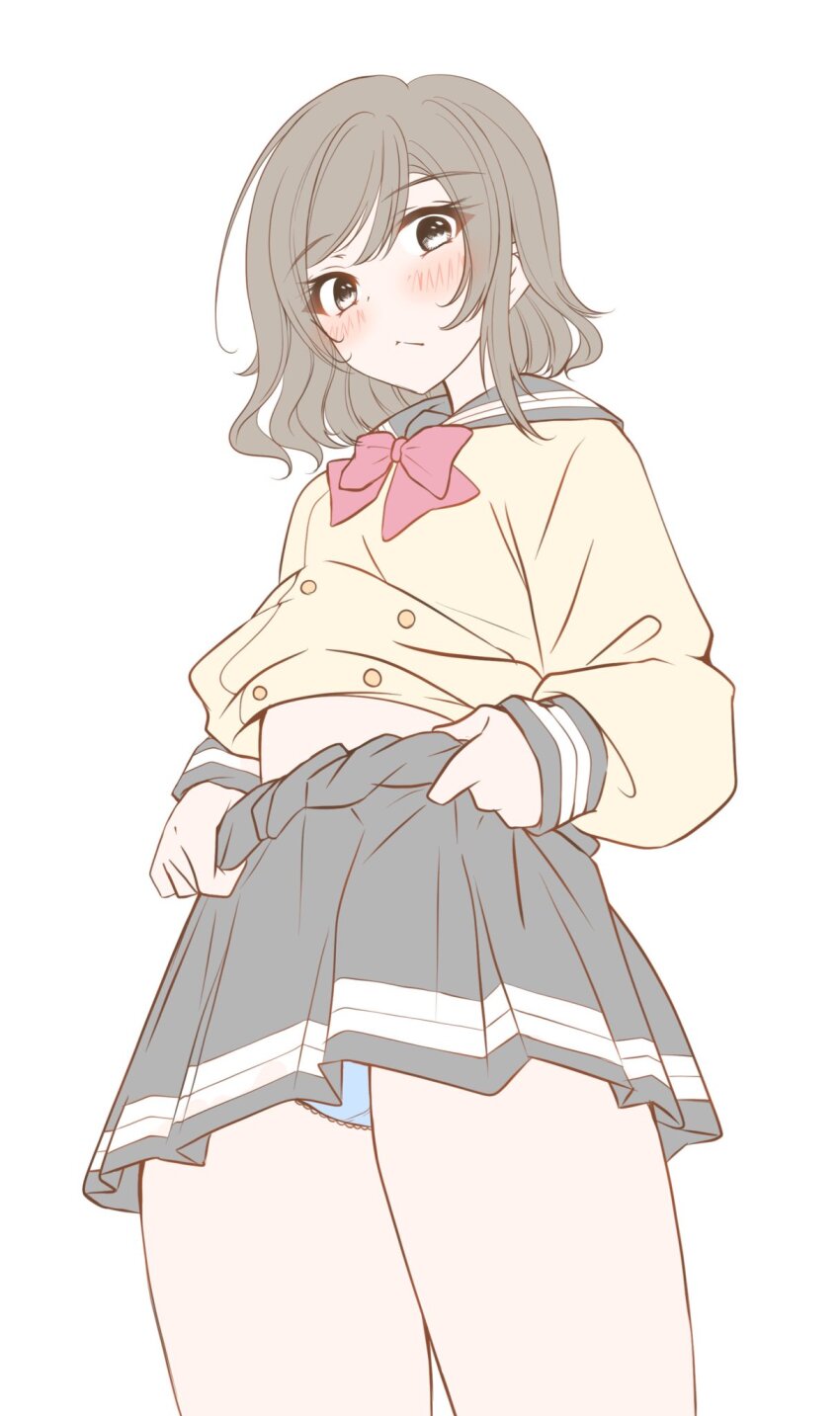 1girl blue_eyes brown_hair grey_hair love_live! love_live!_sunshine!! midriff panties school_uniform short_hair stomach underwear uranohoshi_school_uniform watanabe_you