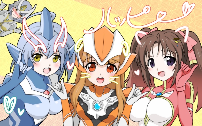 4girls aiueo8371 armor arms_up blue_bodysuit blue_hair blush bodysuit breastplate breasts brown_hair camearra color_timer cursive darkness_heels darkness_heels_lili doodles embarrassed from_side frown grey_bodysuit grey_hair hair_between_eyes hair_ornament hair_ribbon hairpin heart helmet light_brown_hair lili_(darkness_heels) long_hair medium_breasts minato_asahi multiple_girls multiple_hairpins open_mouth orange_background orange_bodysuit orange_eyes personification pink_bodysuit pink_ribbon purple_eyes ribbon short_hair shoulder_pads side-by-side smile teeth three-toned_background translated tsukishima_akari twintails ultra_series ultraman_r/b ultraman_sisters ultraman_tiga:_the_final_odyssey ultraman_tiga_(series) ultrawoman_grigio ultrawoman_jeanne upper_body upper_teeth_only yellow_background yellow_eyes