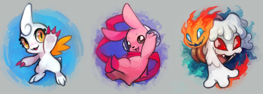 candmon cupimon cutemon digimon digimon_(creature) fire headphones highres scarf sharp_teeth teeth