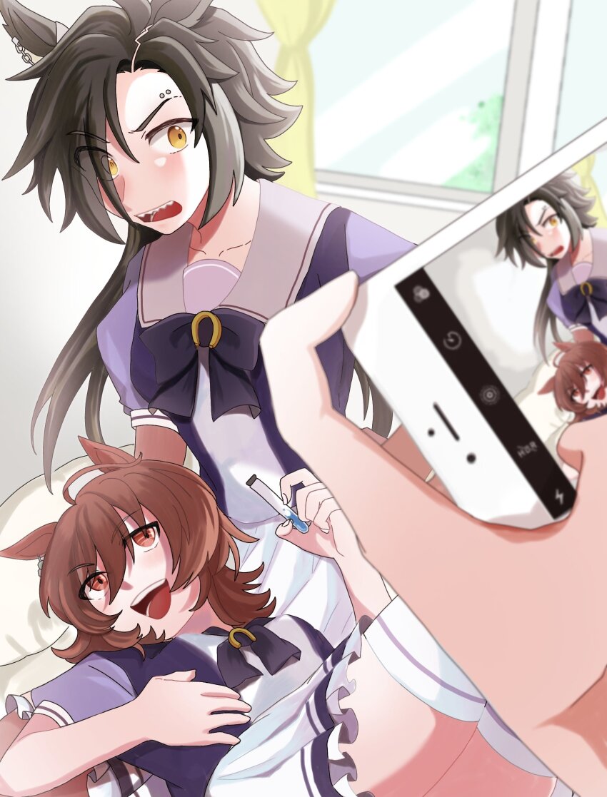 1other 2girls :d agnes_tachyon_(umamusume) ahoge air_shakur_(umamusume) animal_ears black_hair bow bowtie brown_hair cellphone collarbone commentary_request curtains ear_chain embarrassed eyebrow_piercing highres holding holding_phone holding_test_tube horse_ears horse_girl indoors lap_pillow long_hair lying multiple_girls on_back open_mouth out_of_frame parted_bangs phone piercing pleated_skirt puffy_short_sleeves puffy_sleeves purple_bow purple_bowtie purple_shirt red_eyes sailor_collar sailor_shirt school_uniform sharp_teeth shirt short_hair short_sleeves shunka_(syugiohask) sitting skirt smartphone smile summer_uniform taking_picture teeth test_tube thighhighs tracen_school_uniform umamusume v-shaped_eyebrows white_sailor_collar white_skirt white_thighhighs window zettai_ryouiki