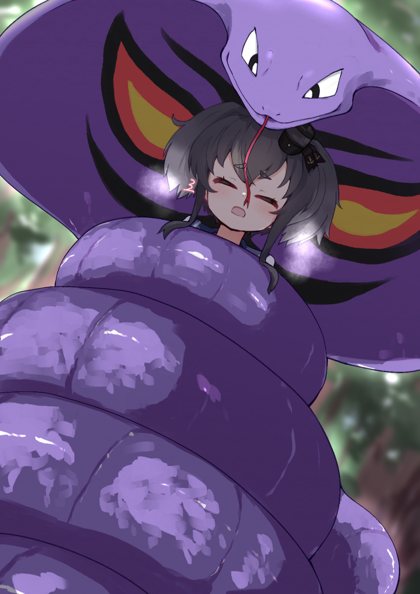 1girl anchor_symbol arbok black_eyes black_hair blurry blurry_background blush closed_eyes commission constriction crossover forest forked_tongue gen_1_pokemon grey_hair highres kantai_collection kurosaki_kousuke multicolored_hair nature nintendo open_mouth pokemon pokemon_(creature) short_hair_with_long_locks skeb_commission tokitsukaze_(kancolle) tongue tree