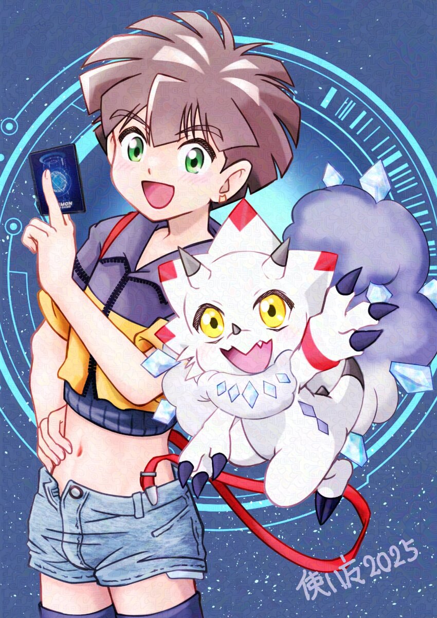1boy amanokawa_hiro black_jacket blue_background blue_shorts brown_hair card cosplay cowboy_shot cropped_jacket digimon digimon_alysion digimon_card_game digimon_ghost_game gammamon gemmon gemmon_(cosplay) green_eyes highres holding holding_card hondo_kanata hondo_kanata_(cosplay) jacket midriff missing_commentary navel orange_jacket short_hair short_shorts shorts simple_background trading_card triceratops tsukaima_(vfcou)