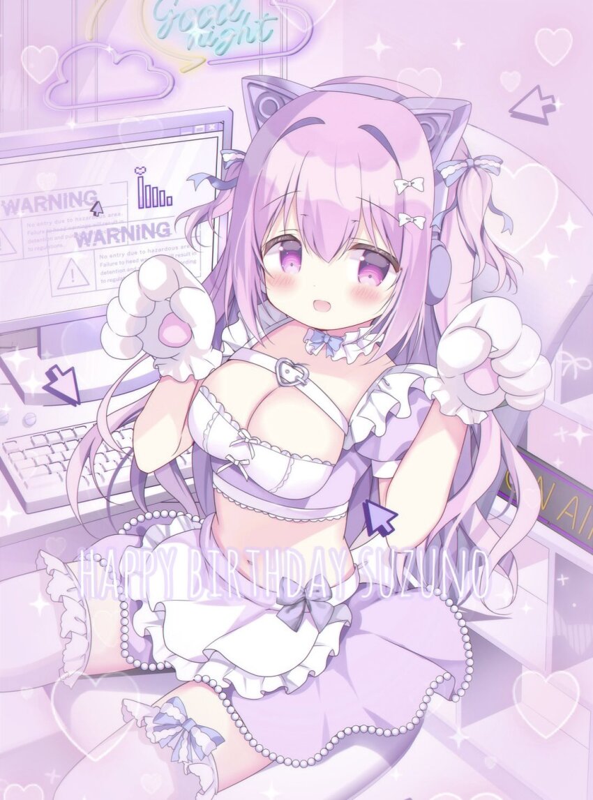 1girl :d animal_ear_headphones animal_ears animal_hands apron azumi_kazuki bar_chart blue_bow blush bow breasts cat_ear_headphones cleavage commentary_request computer_keyboard crop_top cursor fake_animal_ears frilled_apron frilled_gloves frilled_thighhighs frills gloves graph hair_bow hair_intakes happy_birthday headphones heart highres long_hair looking_at_viewer medium_breasts midriff monitor navel neon_lights open_mouth original paw_gloves pink_hair puffy_short_sleeves puffy_sleeves purple_eyes purple_skirt purple_thighhighs short_sleeves sign sitting skirt smile solo thighhighs two_side_up very_long_hair waist_apron warning_sign white_apron white_bow white_gloves