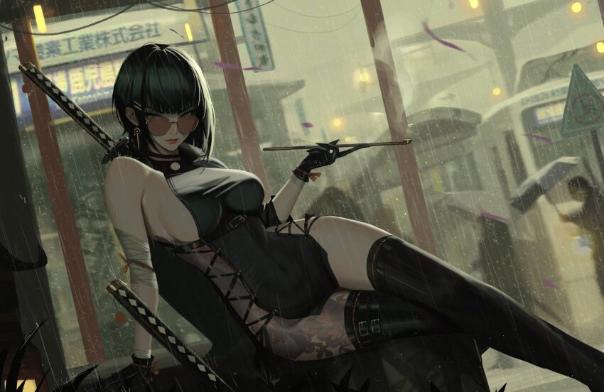 1boy 1girl bandaged_arm bandages black_gloves black_hair black_leotard black_thighhighs black_umbrella bow breasts building chest_belt city commentary criss-cross_straps dragon_tattoo earrings english_commentary gloves grey_sky highres holding holding_smoking_pipe holding_umbrella jewelry katana large_breasts leg_tattoo leotard looking_at_viewer looking_over_eyewear mask medium_hair mouth_mask neo_(neorarty3) original outdoors people rain red_bow red_lips saya_(scabbard) sideboob sideless_leotard sign single_bare_shoulder sky smoking_pipe stomach_tattoo streetcar sunglasses sword sword_on_back tattoo tattoo_sleeve thighhighs umbrella weapon weapon_on_back white_umbrella
