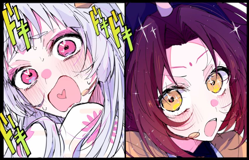 2girls :o arima_kana blush brown_hair commentary_request flustered furrowed_brow headset heart heart_in_eye heart_in_mouth heartbeat highres kurokawa_akane long_hair lovestruck microphone multiple_girls natsuneco_02 oshi_no_ko parted_bangs pink_eyes portrait sayahime_(tokyo_blade) scene_reference sound_effects sparkle sparkling_aura sparkling_eyes split_screen symbol_in_eye tokyo_blade_(oshi_no_ko) tsurugi_(tokyo_blade) white_hair yellow_eyes