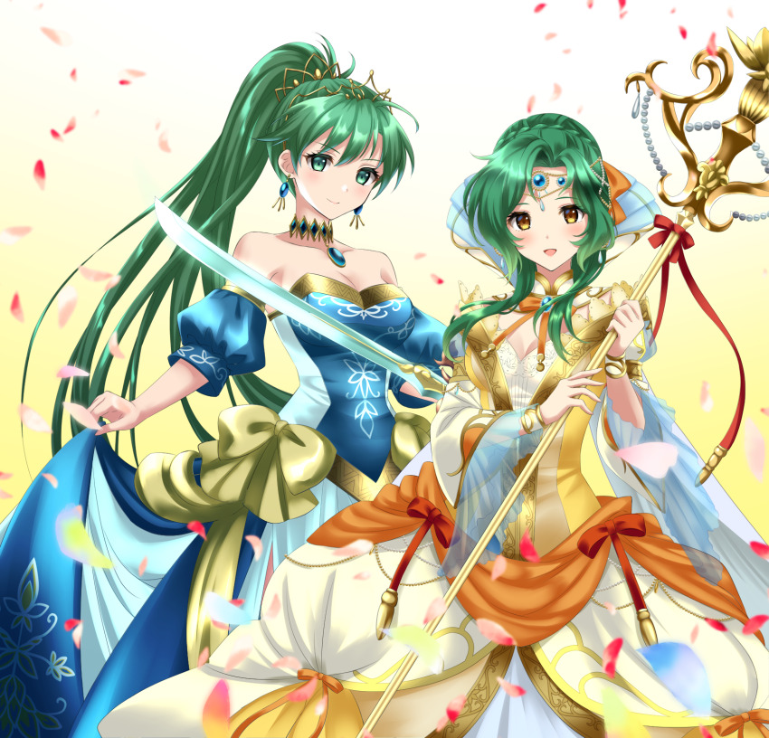 2girls :d bare_shoulders blue_dress breasts choker cleavage color_connection commentary_request cowboy_shot detached_sleeves dress elincia_ridell_crimea female_focus fire_emblem fire_emblem:_radiant_dawn fire_emblem:_the_blazing_blade fire_emblem_heroes gradient_background green_eyes green_hair highres holding holding_staff in-franchise_crossover kakiko210 long_hair looking_at_viewer lyn_(fire_emblem) matching_hair/eyes medium_breasts multiple_girls nintendo open_mouth partial_commentary ponytail puffy_short_sleeves puffy_sleeves short_sleeves skirt_hold smile staff standing strapless strapless_dress sword trait_connection very_long_hair weapon yellow_background yellow_dress yellow_eyes