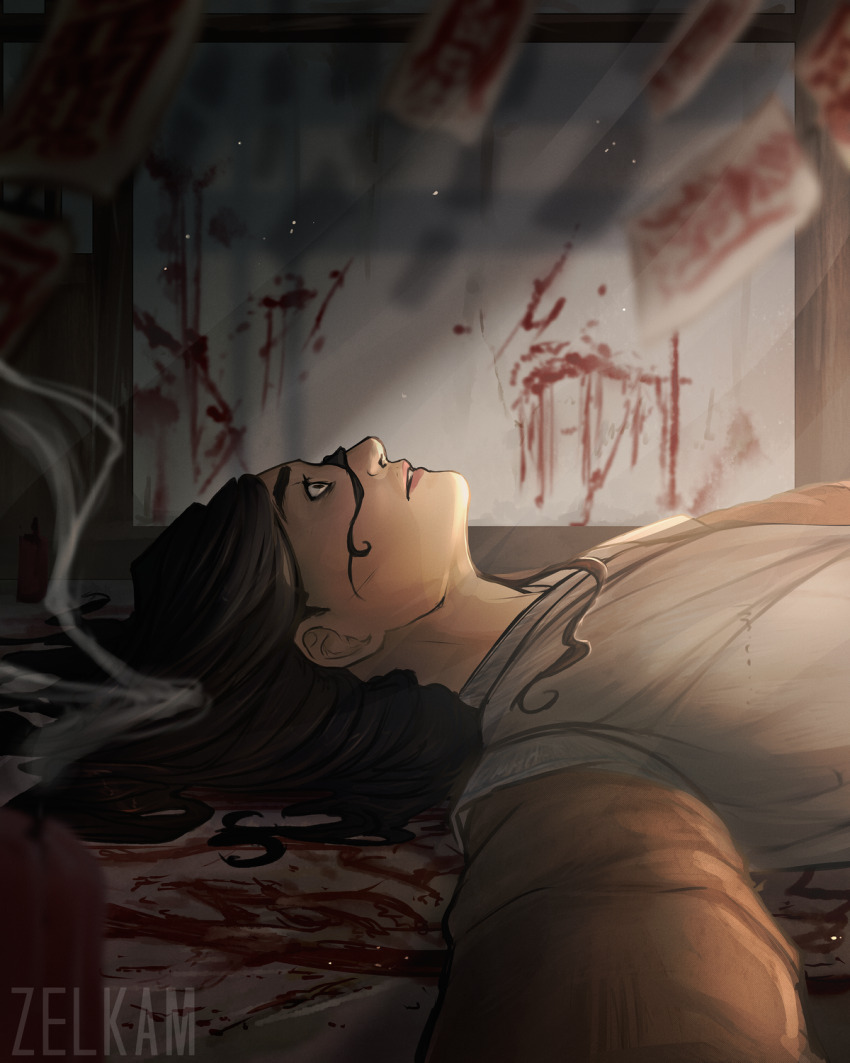 1boy artist_name black_eyes black_hair blood blood_on_ground blood_on_wall chinese_clothes commentary english_commentary eyeliner hanfu highres horrified indoors layered_clothes layered_sleeves long_hair long_sleeves lying makeup male_focus mo_xuanyu modao_zushi ofuda on_back open_mouth parted_lips short_over_long_sleeves short_sleeves smoke solo upper_body watermark white_hanfu wide-eyed zelkam