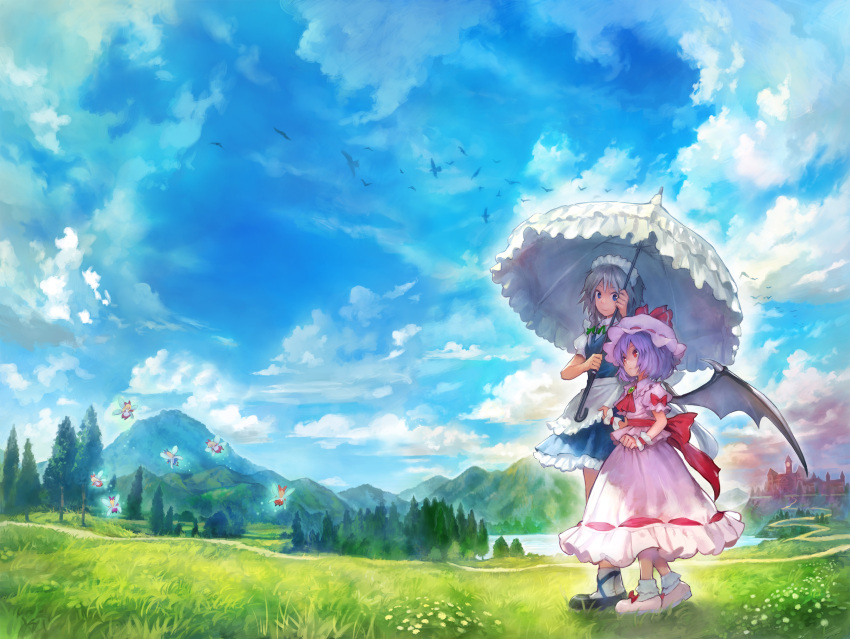 2girls absurdres apron bat_wings bird blue_eyes blue_sky bobby_socks bow braid cloud day dirt_road dress fairy grass grey_hair hair_bow hat highres holding holding_umbrella izayoi_sakuya lake maid maid_headdress matsuda_(matsukichi) mountain multiple_girls outdoors photoshop_(medium) pink_dress puffy_short_sleeves puffy_sleeves purple_hair red_eyes remilia_scarlet road scarlet_devil_mansion scenery shared_umbrella shoes short_hair short_sleeves sky smile socks touhou tree twin_braids umbrella waist_apron white_socks wide_shot wings