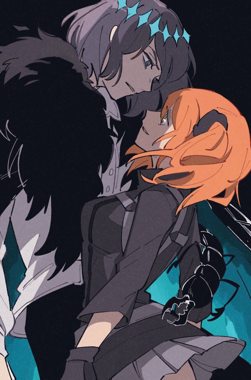 1boy 1girl black_background black_shirt blue_eyes bug cape centipede commentary_request eye_contact fate/grand_order fate_(series) fujimaru_ritsuka_(female) fujimaru_ritsuka_(female)_(polar_chaldea_uniform) fur-trimmed_cape fur_trim grey_hair grey_skirt hetero highres kuhu1212 looking_at_another oberon_(fate) oberon_(third_ascension)_(fate) shirt short_hair simple_background skirt white_shirt