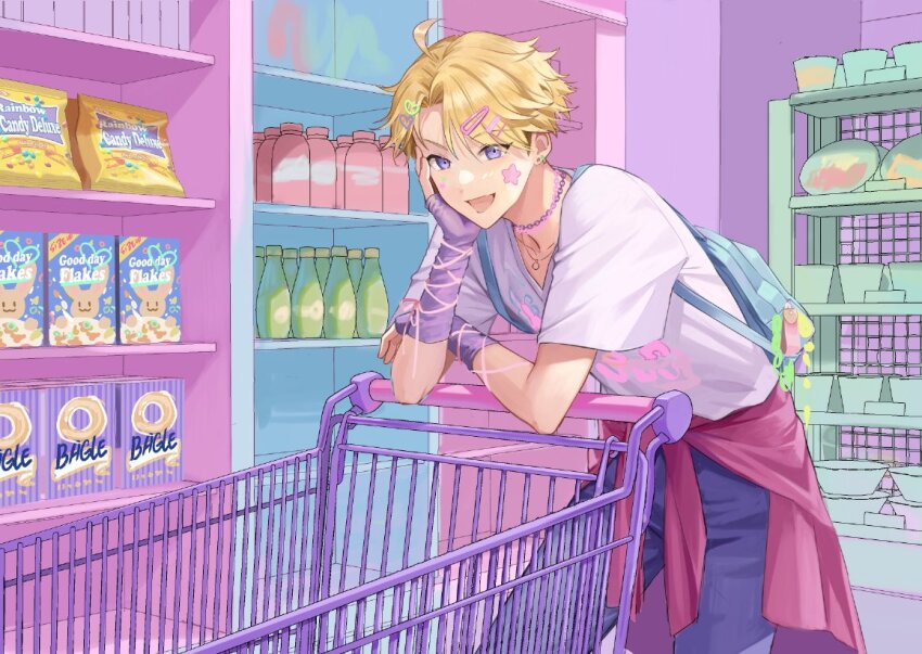 1boy ahoge backpack bag bead_necklace beads blonde_hair ensemble_stars! fingerless_gloves gloves hair_between_eyes hair_ornament hairclip hand_on_own_cheek hand_on_own_face jewelry leaning_on_object looking_at_viewer narukami_arashi necklace open_mouth parted_bangs pink_ribbon purple_eyes purple_gloves ribbon riri_(artist) shirt shopping_cart short_hair short_sleeves smile solo star_sticker white_shirt