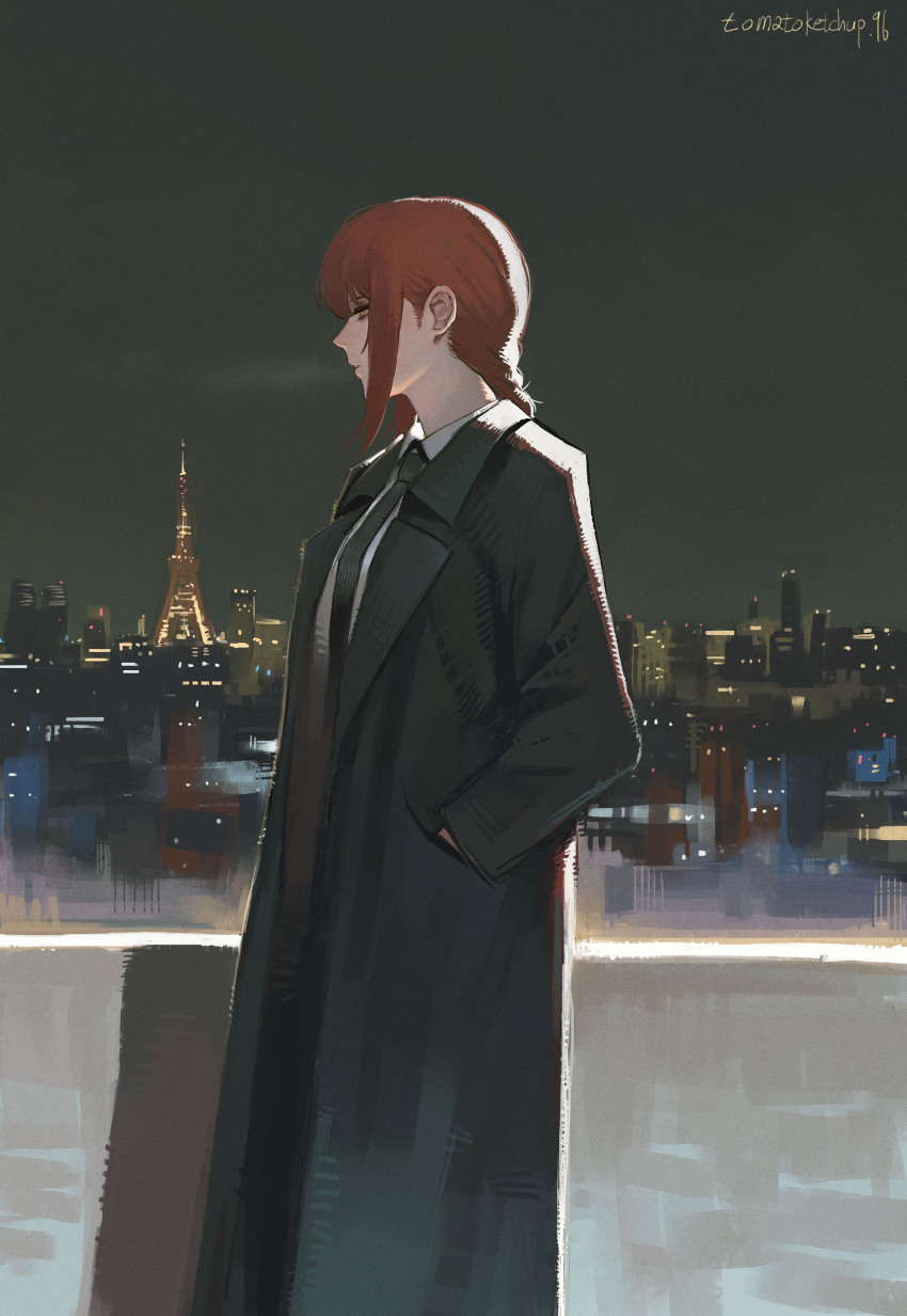 1girl absurdres artist_name black_necktie braid braided_ponytail chainsaw_man city cityscape coat collared_shirt commentary eiffel_tower english_commentary formal_clothes from_side hand_in_pocket highres makima_(chainsaw_man) necktie night night_sky outdoors red_hair ringed_eyes shirt sidelocks sky solo tomatoketchup96 white_shirt yellow_eyes
