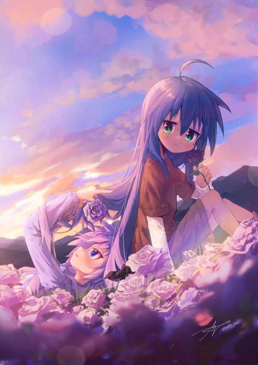 absurdres ap04astral black_bow blue_eyes blue_hair bow brown_shirt dawn field flower flower_field green_eyes hair_flower hair_ornament highres hiiragi_kagami holding holding_flower izumi_konata lucky_star mountain purple_flower purple_hair purple_rose rose shirt smile tying_hair white_shirt