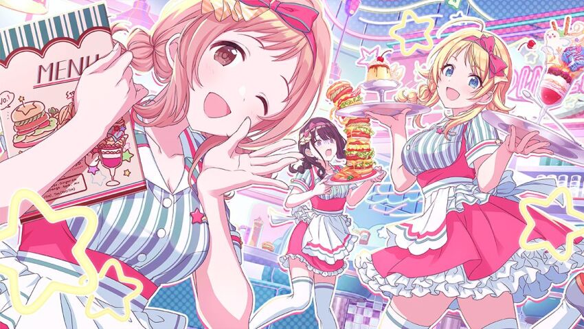 3girls :d ;d ahoge alternate_hairstyle apron black_hair blonde_hair blue_eyes blue_shirt braid breasts brown_eyes burger cherry cleavage collarbone collared_shirt diner food frilled_apron frilled_skirt frills fruit game_cg hachimiya_meguru hair_flaps hair_ornament hair_ribbon halftone halftone_background holding holding_menu holding_tray idolmaster idolmaster_shiny_colors illumination_stars_(idolmaster) kazano_hiori large_breasts light_brown_hair looking_at_viewer medium_hair menu multiple_girls neon_lights official_art one_eye_closed open_mouth oversized_food oversized_object panicking parfait pink_skirt pudding ribbon running sakuragi_mano shirt short_sleeves sidelocks skirt smile star_(symbol) striped_clothes striped_shirt suspender_skirt suspenders sweets thighhighs tray turn_pale twin_braids waitress waving whipped_cream white_thighhighs