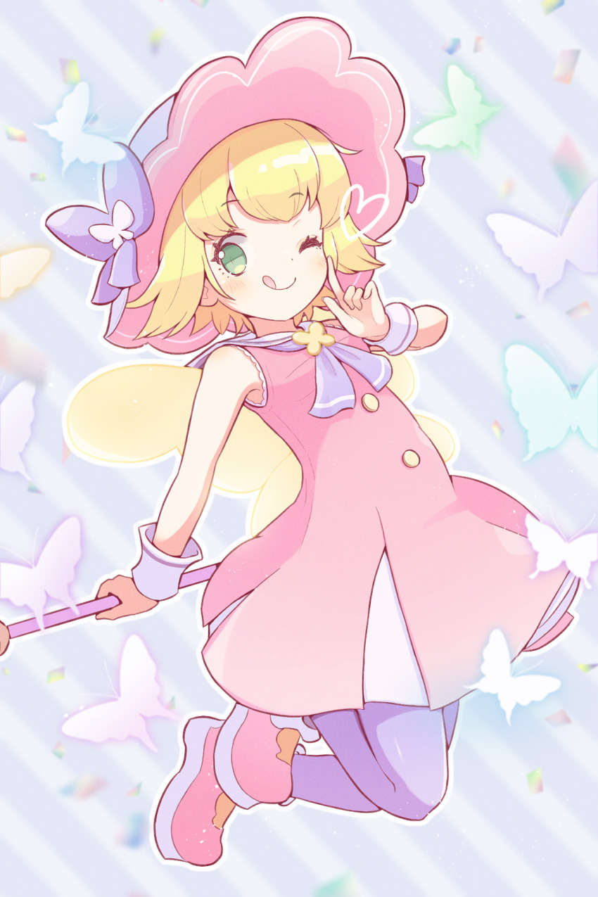 1girl ;q amitie_(puyopuyo) blonde_hair bow butterfly_background closed_mouth diagonal-striped_background dot_nose dress finger_to_own_chin flipped_hair full_body happy hat hat_bow highres holding holding_staff index_finger_raised jazz_grace knees_up light_blush looking_to_the_side one_eye_closed outline pantyhose pink_dress pink_hat pink_shoes pleated_dress purple_background purple_pantyhose purple_sailor_collar puyopuyo puyopuyo_quest sailor_collar shoes short_hair sideways_glance simple_butterfly sleeve_cuffs sleeveless sleeveless_dress solo staff striped_background sun_hat tongue tongue_out white_outline white_sleeve_cuffs