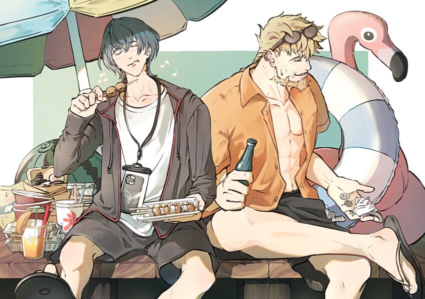 2boys abs ball bare_pectorals beach_umbrella beachball beard black_jacket black_shorts blonde_hair bottle male_byleth_(fire_emblem) chewing closed_eyes coin collarbone collared_shirt commentary_request contemporary crew_neck cup disposable_cup drawstring drink drinking_straw eating eyewear_on_head facial_hair father_and_son fire_emblem fire_emblem:_three_houses flamingo_raft food fruit green_hair holding holding_bottle holding_food holding_skewer hood hood_down hooded_jacket inflatable_flamingo inflatable_toy innertube jacket jeralt_reus_eisner lanyard long_sleeves male_focus mature_male multiple_boys musical_note nintendo open_clothes open_jacket open_shirt orange_(fruit) orange_shirt orange_slice outstretched_arm outstretched_leg paper parted_lips pectorals rattail sandals shirt shorts sitting skewer sleeves_past_wrists striped_innertube summer sunglasses swim_ring t-shirt takoyaki umbrella un_faro white_shirt wing_collar wolf_cut