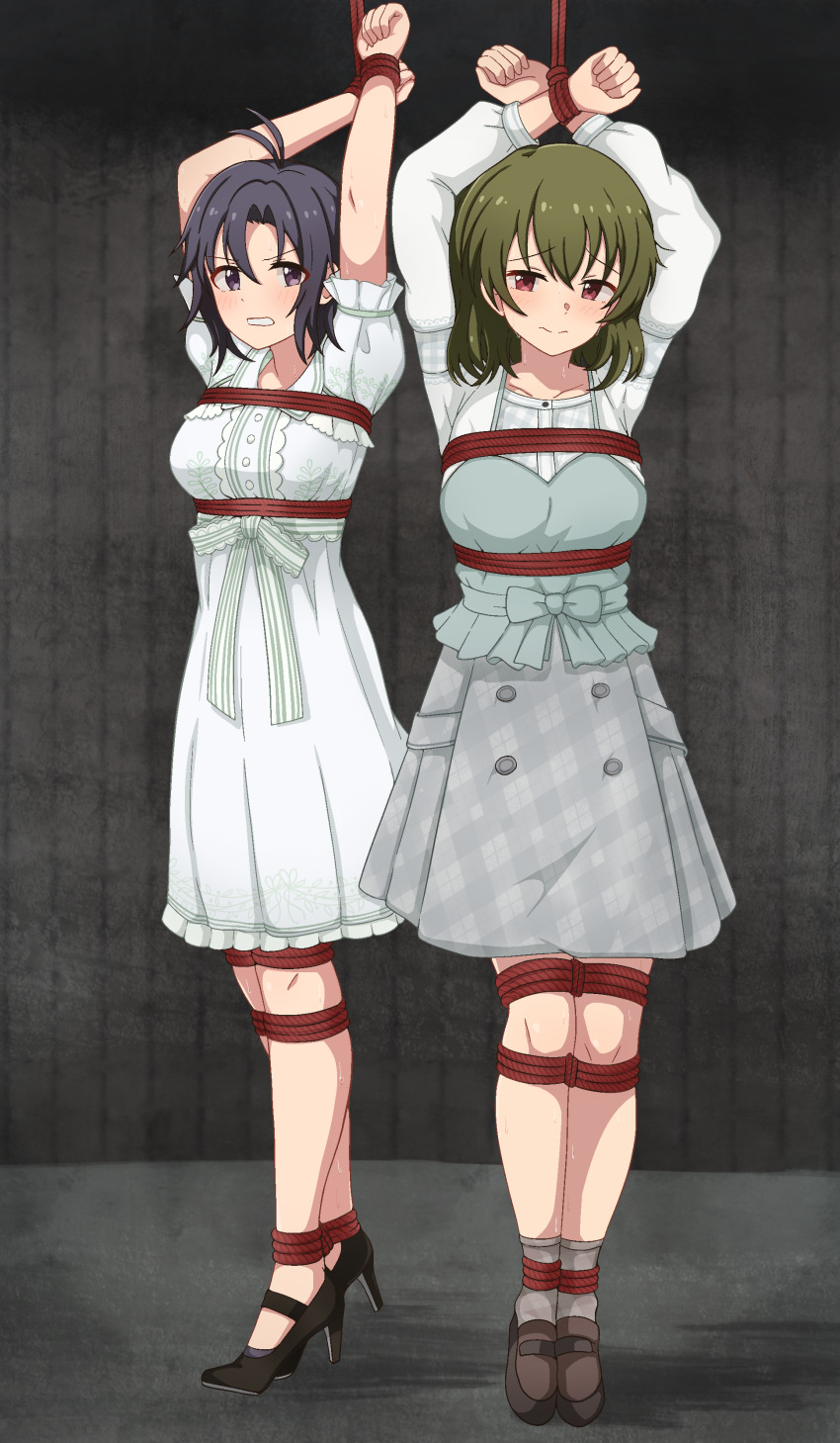 2girls absurdres antenna_hair arms_up bdsm black_footwear black_hair blush bondage bound bound_ankles bound_knees bound_legs bound_thighs bound_torso bound_wrists breast_bondage breasts brown_footwear buttons camisole clenched_teeth closed_mouth collar collarbone collared_dress dot_nose dress forehead frilled_dress frills green_camisole green_hair grey_skirt high_heels highres idolmaster idolmaster_(classic) idolmaster_million_live! idolmaster_million_live!_theater_days indoors kikuchi_makoto large_breasts long_sleeves looking_at_viewer medium_hair milliani multiple_girls nagayoshi_subaru official_alternate_costume parted_bangs plaid_clothes plaid_skirt puffy_short_sleeves puffy_sleeves purple_eyes red_eyes red_rope rope short_hair short_sleeves sidelocks skirt straight_hair teeth waist_ribbon white_collar white_dress
