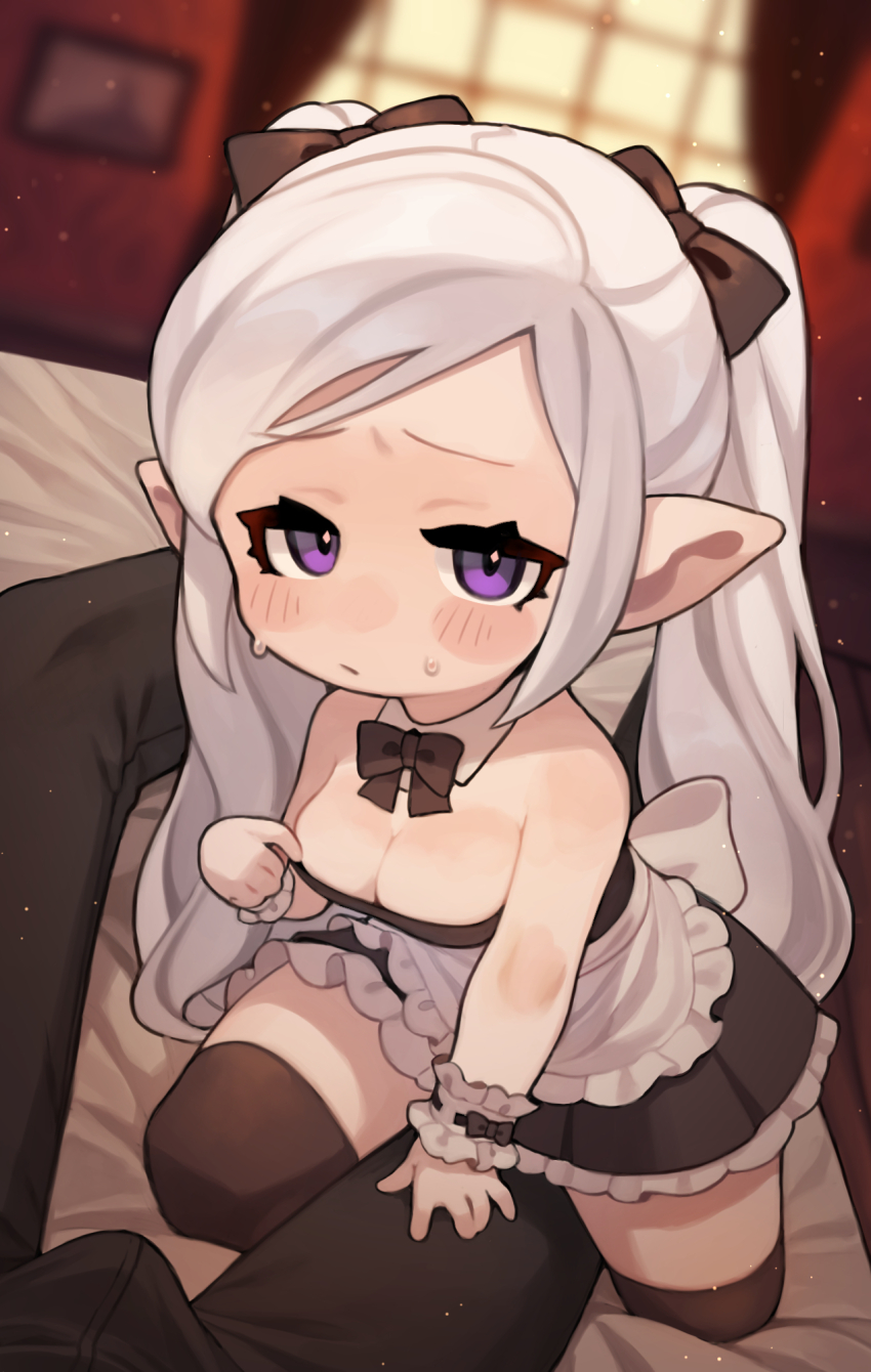 1boy 1girl apron bare_shoulders bed black_bow black_bowtie black_thighhighs blush bow bowtie breasts bulge chibi cleavage commentary detached_collar erection erection_under_clothes frilled_cuffs frills hair_bow halfling highres kneeling long_hair looking_at_viewer lying maid maid_apron medium_breasts on_bed original pointy_ears purple_eyes sweat sweatdrop thighhighs twintails white_hair wrist_cuffs zettai_ryouiki zombiemiso