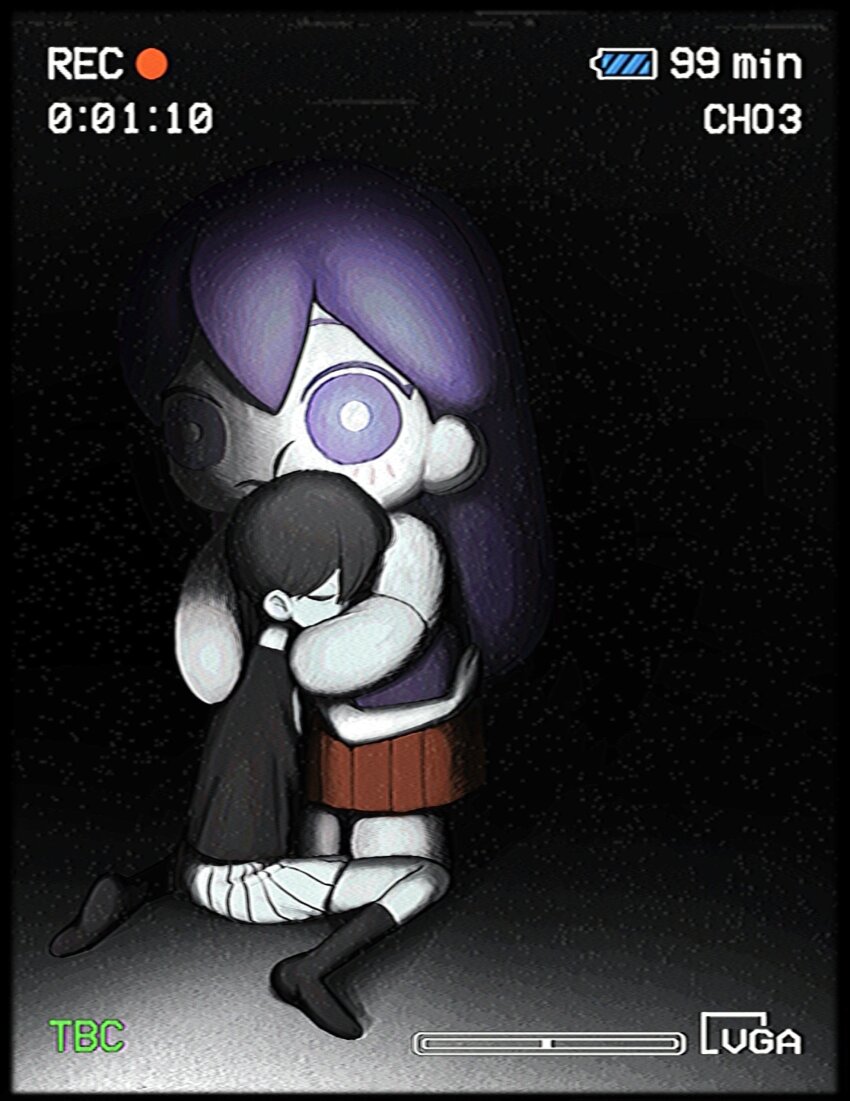 1boy 1girl absurdres antenna_hair black_hair black_socks bright_pupils brother_and_sister closed_eyes colored_skin film_grain highres hug long_hair mari_(headspace)_(omori) mari_(omori) omori omori_(omori) purple_eyes purple_hair short_hair shorts siblings socks striped_clothes striped_shorts tate_ware_anal vertical-striped_clothes vertical-striped_shorts white_pupils white_shorts white_skin