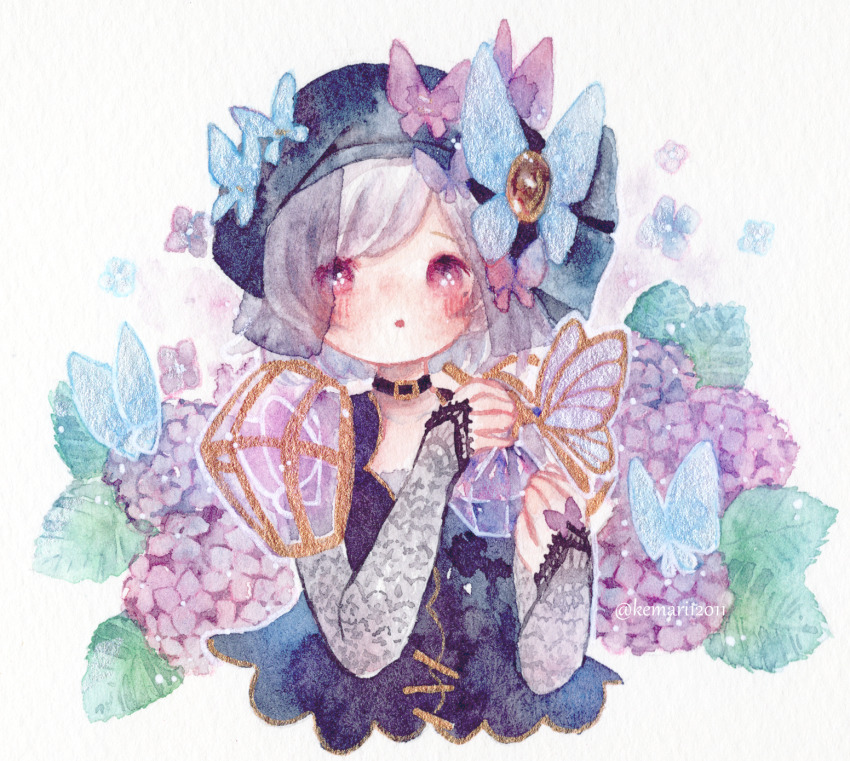 1girl :o belt_collar beret black_bridal_gauntlets black_shirt blue_hat bob_cut bottle bridal_gauntlets butterfly_hat_ornament collar cropped_torso flower hat hat_ornament highres hydrangea identity_v kemari_(rupepe) looking_at_viewer painting_(medium) perfume_bottle purple_eyes purple_hair see-through_clothes see-through_veil shirt solo striped_blush traditional_media twitter_username upper_body veil vera_nair vera_nair_(caged_butterfly) watercolor_(medium) white_background