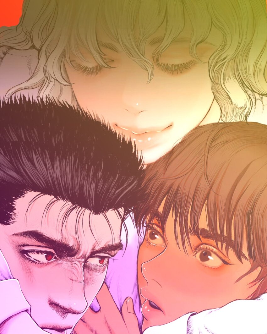 1girl 2boys berserk black_hair brown_eyes brown_hair casca_(berserk) commentary_request dark-skinned_female dark_skin griffith_(berserk) guts_(berserk) highres hug multiple_boys nisino2222 parted_lips red_background red_eyes scar scar_on_face scar_on_nose short_hair smile thick_lips white_hair